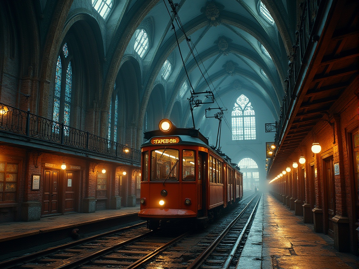 Prompt: Intricate tram station, vaulted ceilings, ribbed arches, pointed spires, ornate stone carvings, grandiose stained glass windows, dramatic lighting effects, mystical ambiance, aged brick facades, rusty metal accents, vintage signage, industrial-chic decor, elevated platforms, bustling city atmosphere, moody evening light, cinematic composition, high-contrast rendering, detailed textures, atmospheric fog.