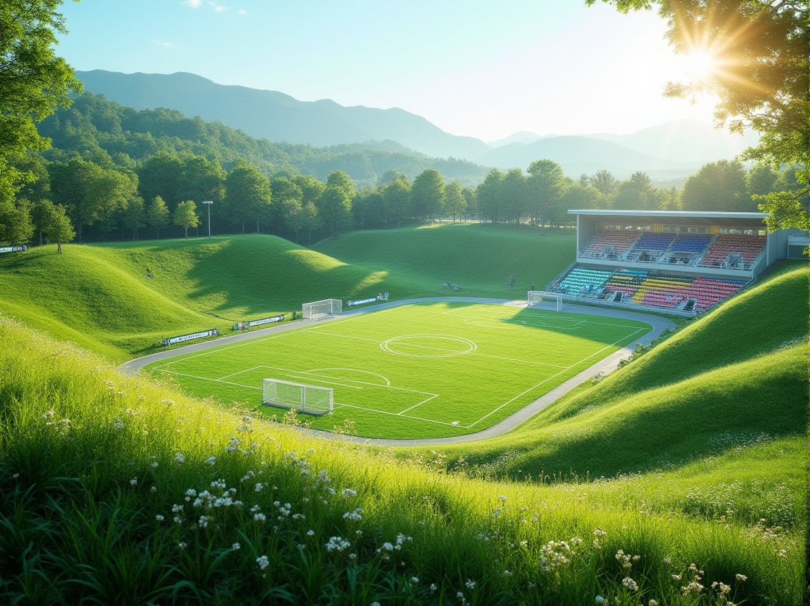 Prompt: Rolling green hills, lush athletic fields, soccer goals, basketball courts, tennis nets, running tracks, natural stone pathways, modern sports facilities, sleek metal bleachers, vibrant colored seats, sun-drenched afternoon, soft warm lighting, shallow depth of field, 3/4 composition, panoramic view, realistic textures, ambient occlusion, surrounding trees, blooming flowers, gentle breeze, clear blue sky.