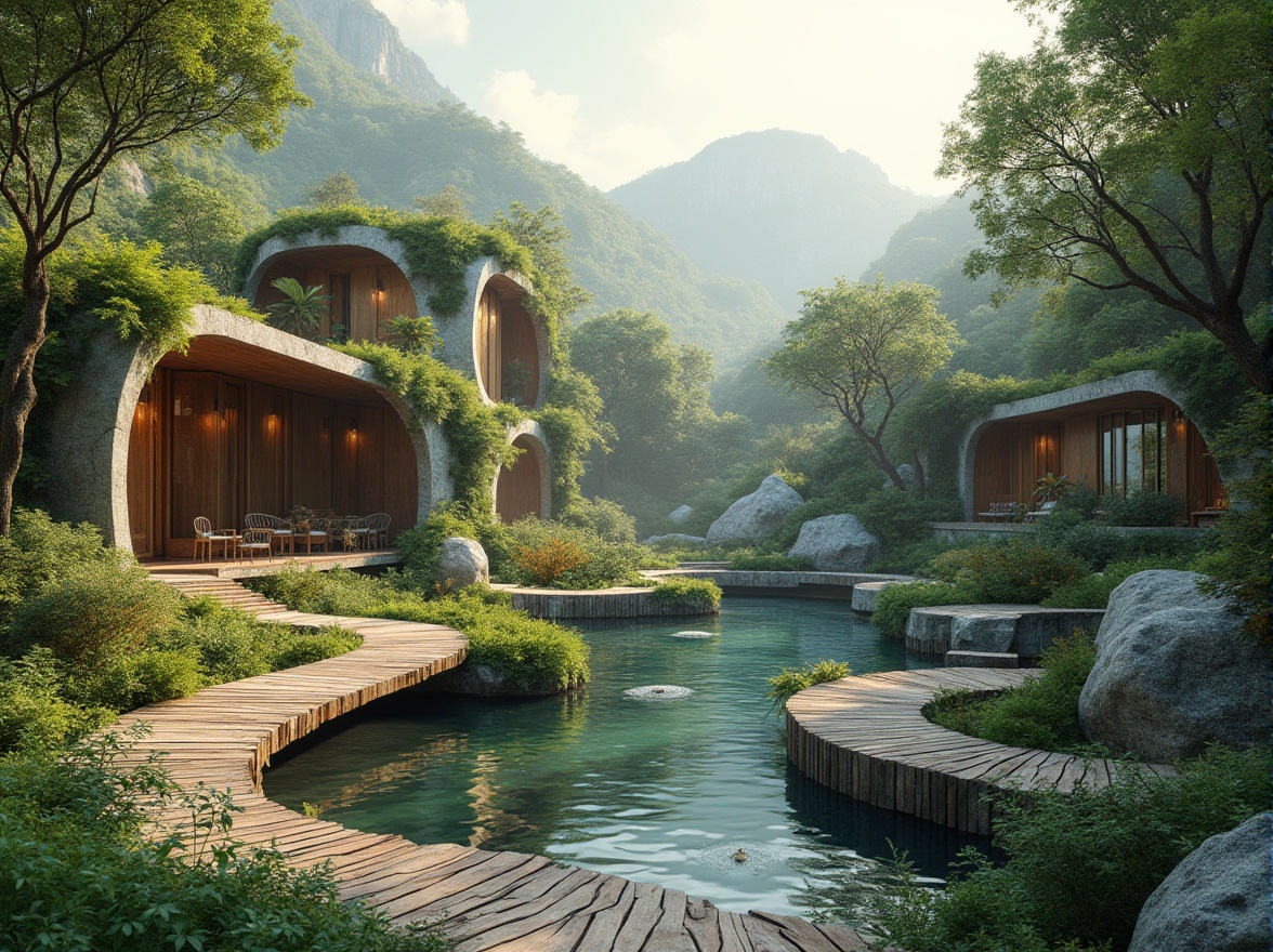 Prompt: Seamless landscape integration, organic curves, natural stone walls, lush green roofs, native plant species, meandering pathways, wooden bridges, serene water features, tranquil ponds, reflecting pools, rustic gazebos, weathered wood accents, earthy color palette, warm soft lighting, subtle misting effects, 3/4 composition, shallow depth of field, cinematic camera angles, realistic textures, ambient occlusion.