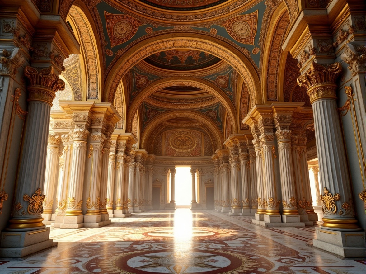 Prompt: Intricate mosaics, golden domes, ornate arches, elaborate columns, richly patterned marble floors, vibrant frescoes, grandiose vaulted ceilings, ornamental capitals, decorative cornices, lavish use of gold leaf, majestic entrance portals, intricate carvings, symbolic iconography, mystical ambiance, warm soft lighting, shallow depth of field, 1/2 composition, symmetrical framing, highly detailed textures, ambient occlusion.