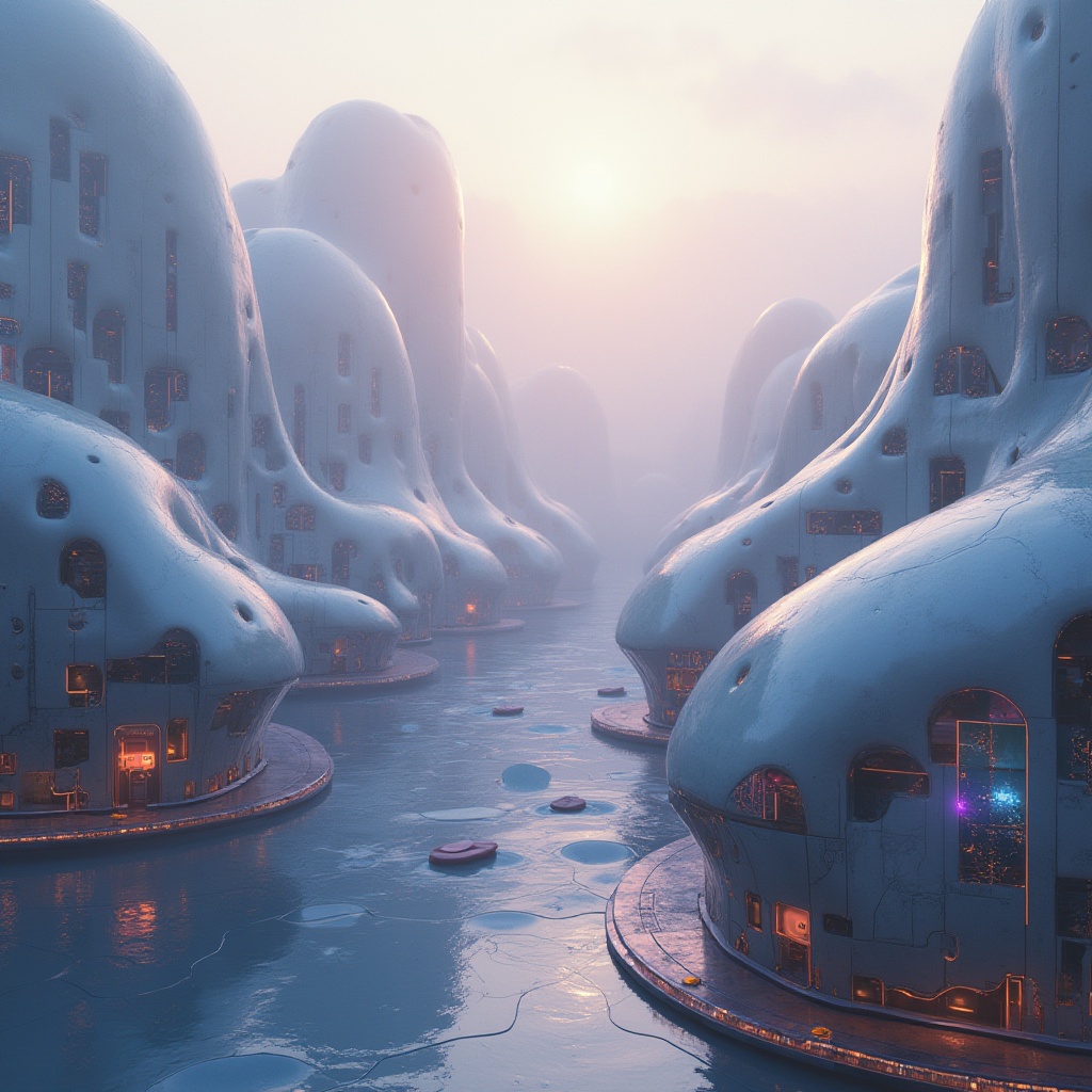 Prompt: Organic blob-like buildings, undulating curves, smooth rounded edges, iridescent colors, shimmering materials, futuristic ambiance, sci-fi atmosphere, extraterrestrial landscape, misty foggy morning, soft diffused lighting, shallow depth of field, 1/1 composition, wide-angle lens, abstract geometric patterns, intricate network structures, parametric design elements, algorithmic shapes, neon-lit accents, holographic displays, cyberpunk-inspired details.