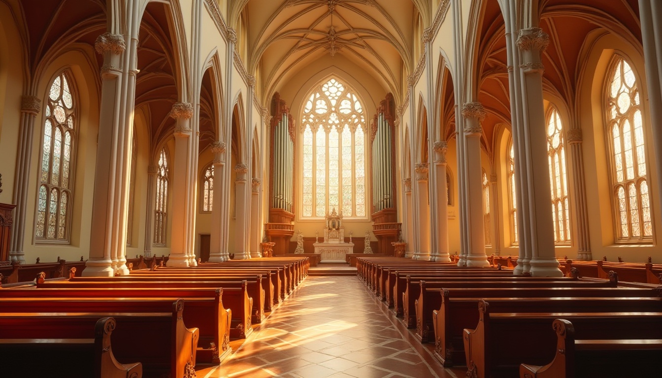 Prompt: Ethereal church interior, vaulted ceilings, stained glass windows, warm golden lighting, rich wood tones, ornate furnishings, intricate stone carvings, soft cream-colored walls, majestic pipe organs, vibrant red accents, serene atmosphere, natural materials, earthy tones, subtle texture variations, shallow depth of field, 1/1 composition, warm color harmony, realistic reflections.