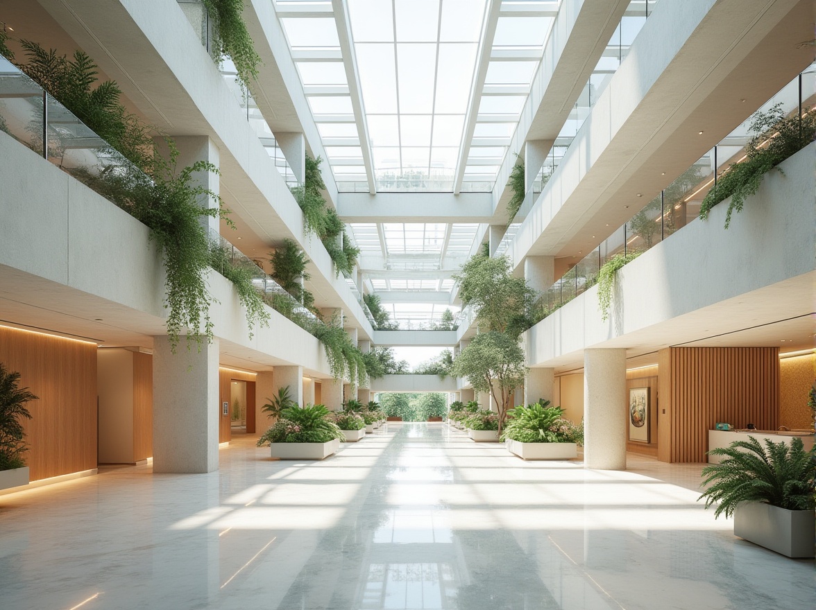 Prompt: Spacious open-plan interior, large windows, clerestory windows, skylights, transparent roofs, minimal obstructions, reflective surfaces, polished marble floors, bright white walls, airy atriums, greenery-filled courtyards, lush hanging gardens, natural stone facades, glass railings, minimalist decor, warm wood accents, soft diffused light, high ceilings, unobstructed views, seamless transitions, 1/1 composition, realistic materials, subtle shading, ambient occlusion.