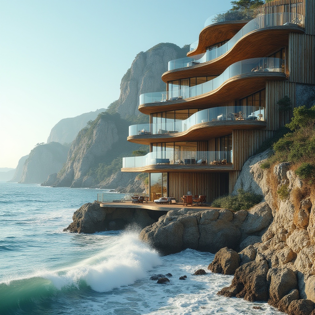 Prompt: Wave-crashing coastline, sea salt air, rugged cliffside, ocean-inspired facade, undulating balconies, wavy rooflines, corrugated metal cladding, transparent glass railings, weathered wooden accents, beachy color palette, natural stone foundations, cantilevered structures, dramatic overhangs, marine-grade materials, wind-resistant design, sunny day, soft warm lighting, shallow depth of field, 3/4 composition, panoramic view, realistic textures, ambient occlusion.