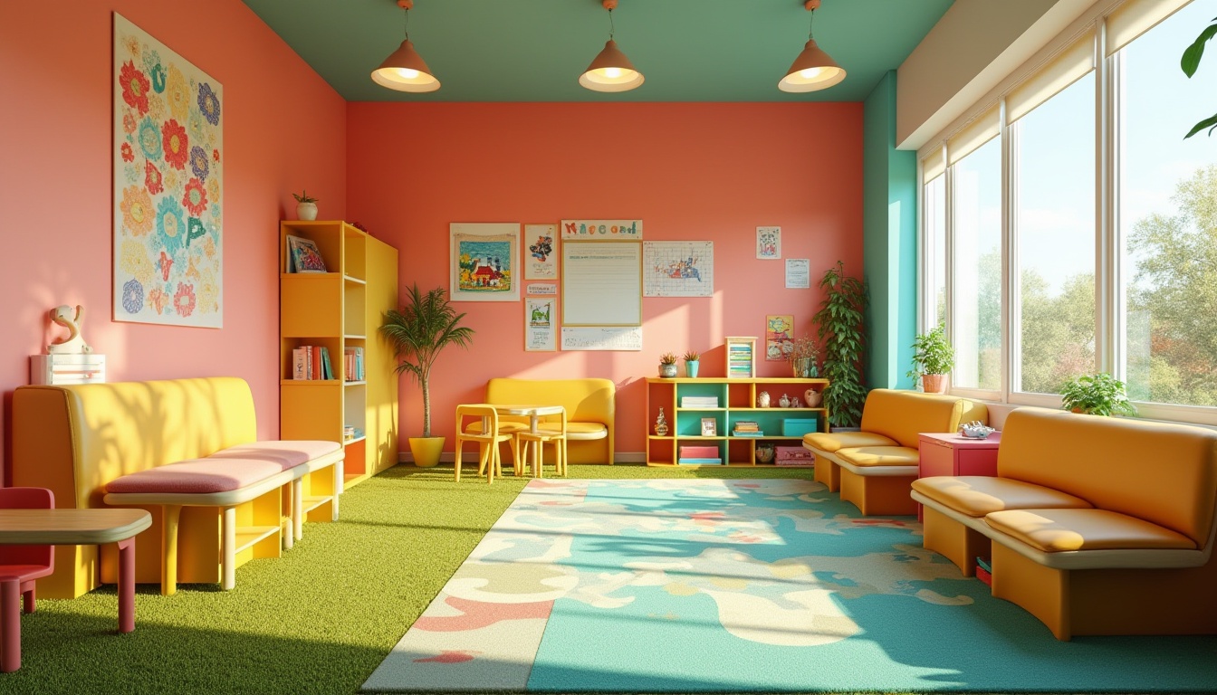 Prompt: Vibrant kindergarten, bright coral walls, turquoise accents, yellow wooden furniture, green artificial turf, playful murals, alphabet decorations, soft cushioned reading nooks, colorful rug patterns, natural light pouring in, large windows, modern minimalist architecture, curved lines, whimsical illustrations, educational signage, lively sound effects, shallow depth of field, 1/2 composition, warm soft lighting, realistic textures.