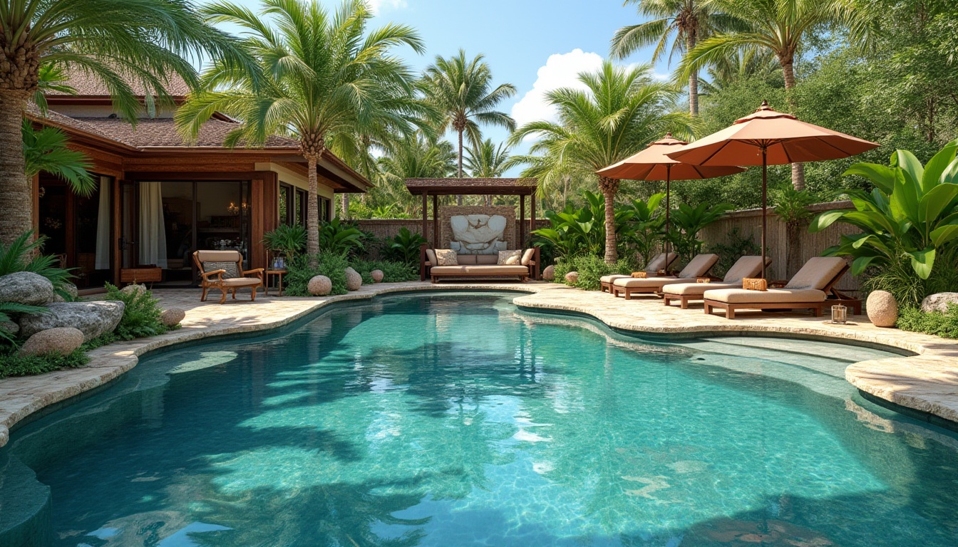 Prompt: Luxurious poolside oasis, natural stone decking, reclaimed wood accents, energy-efficient pumps, saltwater systems, solar-powered heating, LED underwater lighting, vibrant turquoise water, lush greenery surroundings, tropical plants, warm sunny day, soft gentle breeze, 1/1 composition, shallow depth of field, realistic reflections, ambient occlusion.