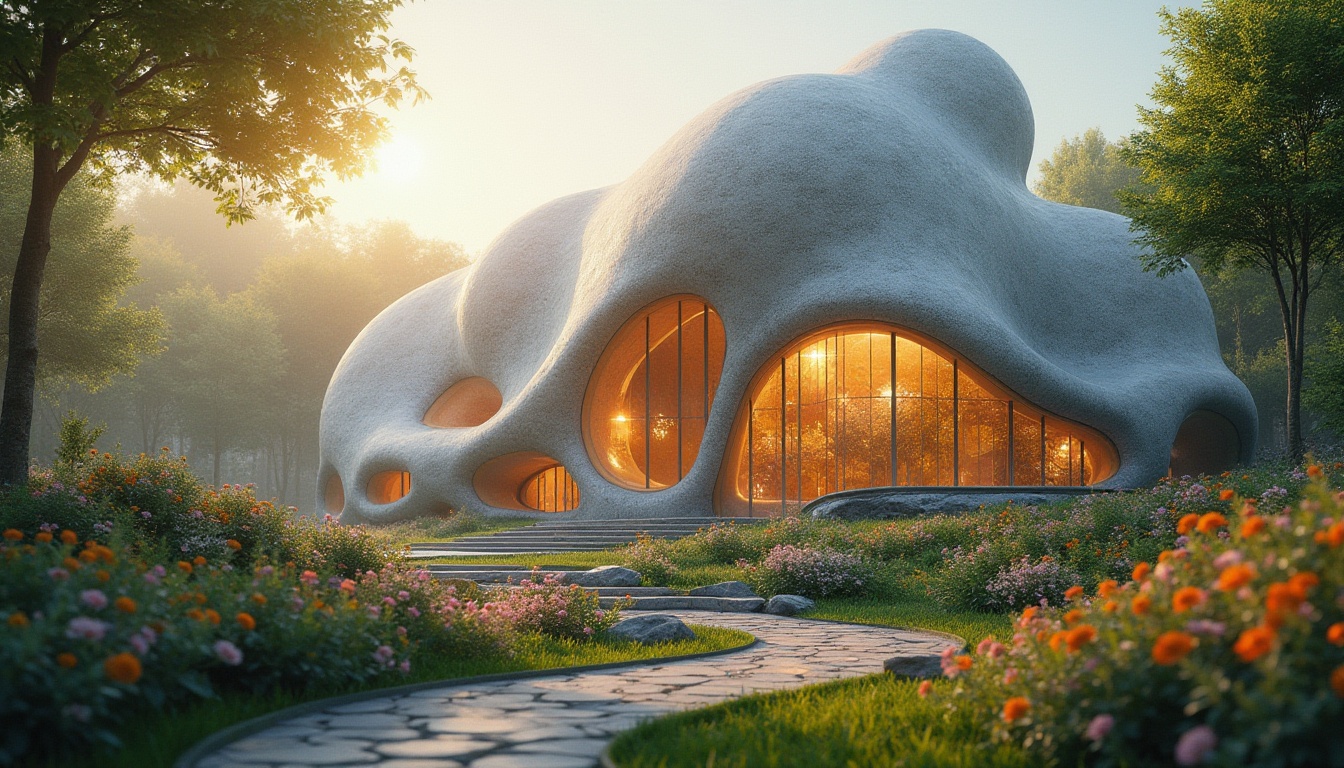 Prompt: Undulating blob-like church structure, iridescent stained glass windows, flowing organic curves, natural stone fa\u00e7ade, intricate network of arches, soft warm lighting, atmospheric misting system, lush greenery surroundings, blooming flowers, serene ambiance, shallow depth of field, 3/4 composition, panoramic view, realistic textures, ambient occlusion, futuristic architectural design, sustainable energy solutions, eco-friendly materials, innovative cooling technologies.