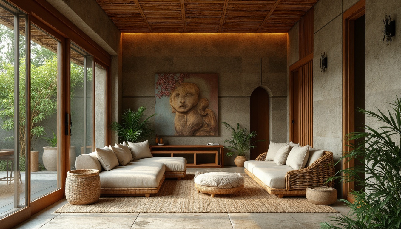 Prompt: Reclaimed wood accents, natural stone walls, woven bamboo ceilings, earthy tone color palette, organic shapes, handmade ceramic tiles, rattan furniture, living green walls, moss-covered stones, warm soft lighting, shallow depth of field, 1/1 composition, intimate close-up shots, realistic textures, ambient occlusion.