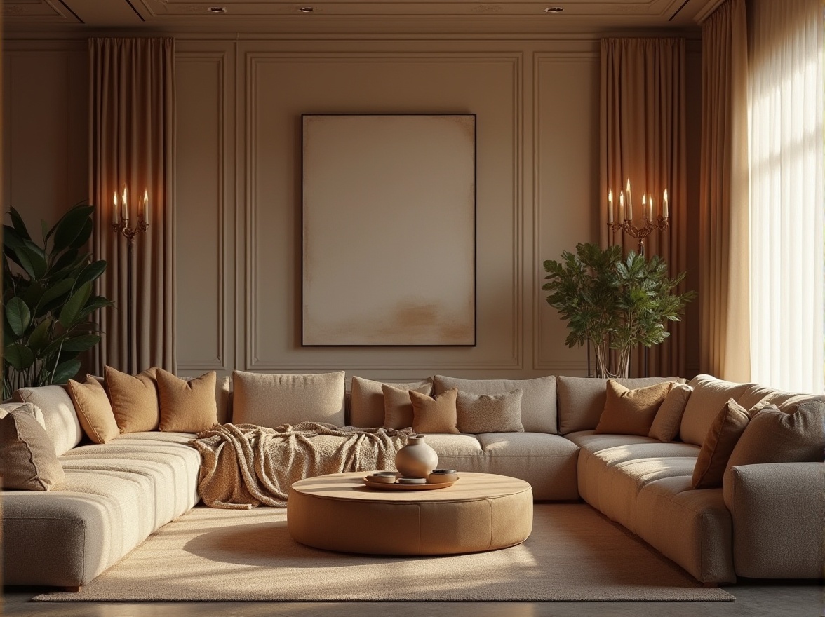 Prompt: Luxurious living room, plush sofas, velvety upholstery, soft cushions, woven fabrics, natural fibers, earthy tones, subtle patterns, elegant drapery, flowing curtains, sheer panels, warm ambient lighting, 1/1 composition, shallow depth of field, realistic textures, ambient occlusion.