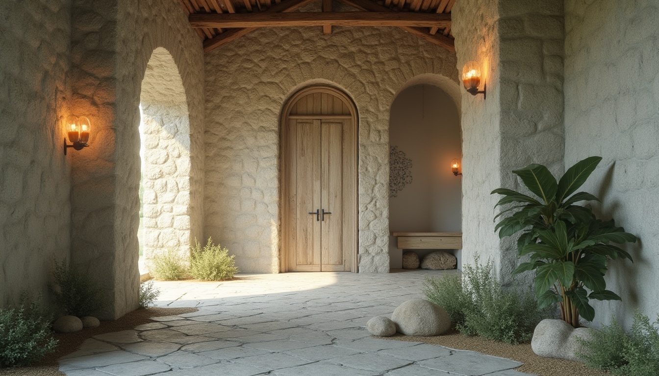 Prompt: Weathered stone walls, rustic wooden accents, soft warm lighting, gentle shadows, earthy tones, mossy greens, misty blues, creamy whites, natural textures, organic forms, serene atmosphere, peaceful ambiance, subtle color transitions, harmonious palette, Gainsboro-inspired hues, muted contrast, soothing visual experience, minimalist composition, 1/1 aspect ratio, soft focus, atmospheric perspective.