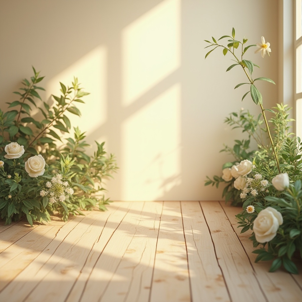 Prompt: \Soft warm lighting, pastel color scheme, calming atmosphere, natural wood tones, earthy brown shades, creamy whites, gentle beige hues, soothing blue accents, vibrant greenery, blooming flowers, lush foliage, delicate petal textures, subtle gradient effects, harmonious color transitions, balanced composition, 1/1 aspect ratio, realistic renderings, ambient occlusion.\