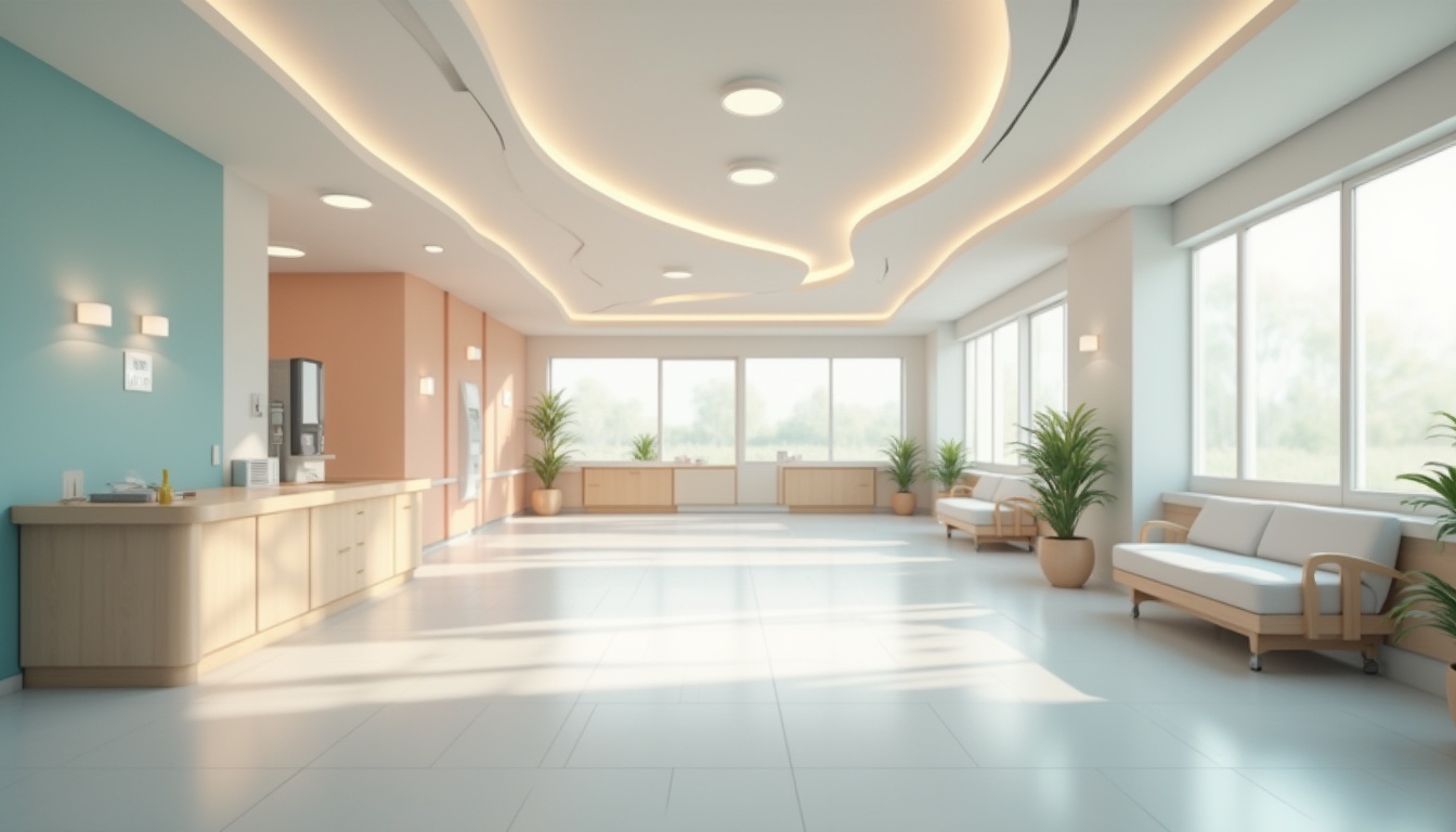 Prompt: Soothing hospital interior, gentle curves, pastel color scheme, calming blue tones, soft peach hues, creamy whites, natural wood accents, minimalist furniture, serene atmosphere, large windows, diffused lighting, shallow depth of field, 1/1 composition, realistic textures, ambient occlusion, subtle gradient effects.