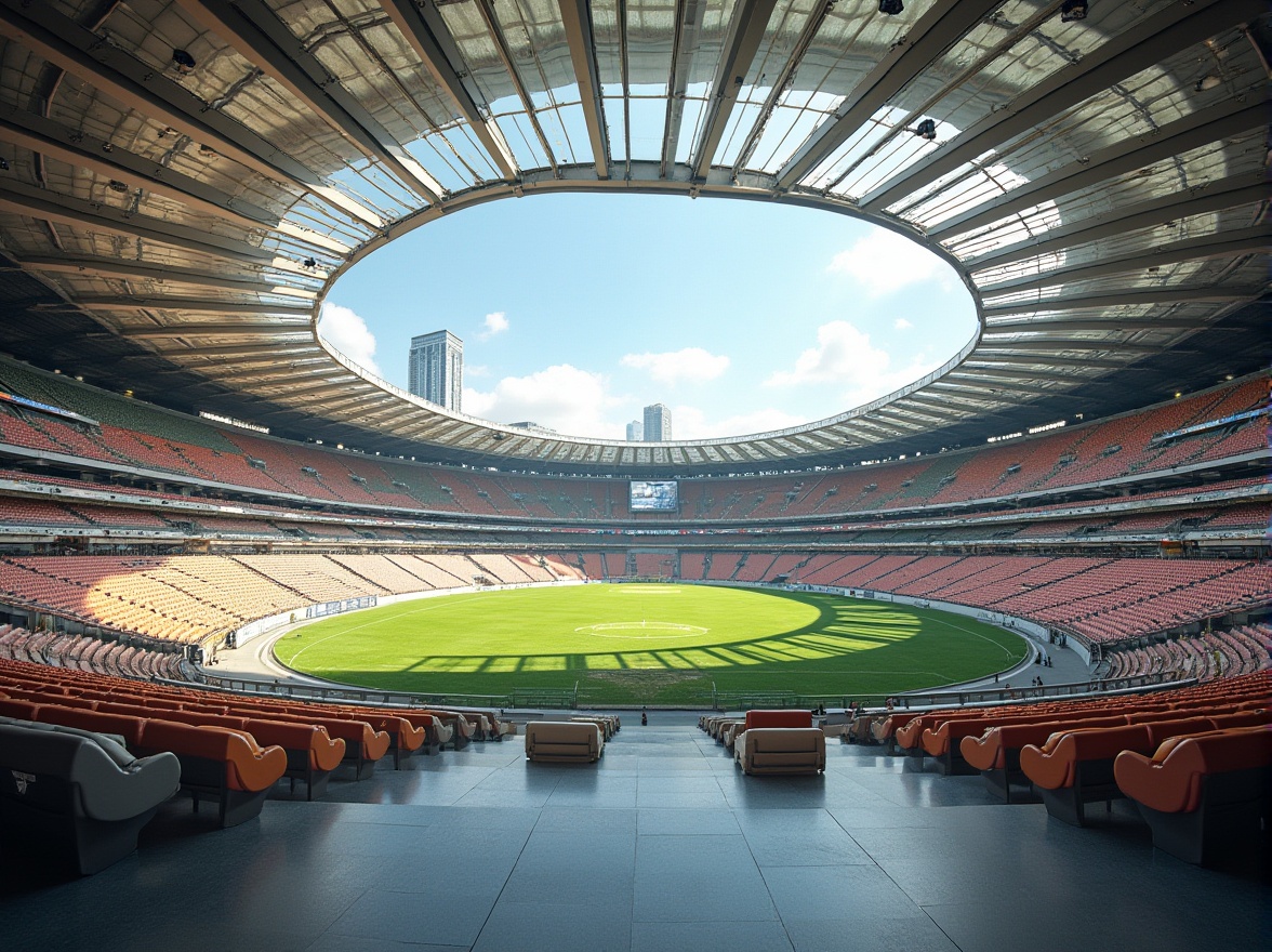 Prompt: Vibrant sports stadium, sleek metal fa\u00e7ade, polished concrete flooring, translucent glass roofing, warm wooden accents, durable synthetic turf, robust steel beams, dynamic LED lighting, high-gloss paint finishes, premium leather seating, modern perforated panels, airy circulation spaces, grand entrance archways, cantilevered upper decks, stunning cityscape views, bright sunny day, shallow depth of field, 1/1 composition, panoramic view, realistic textures, ambient occlusion.