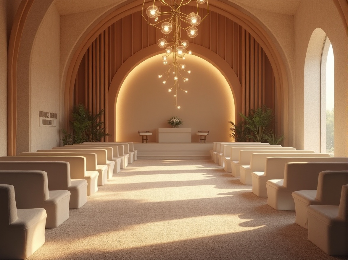 Prompt: Solemn memorial center, tranquil atmosphere, soft warm lighting, comforting furniture, plush carpets, calming color palette, gentle curves, subtle textures, minimalist decor, inspirational quotes, natural stone walls, wooden accents, subtle patterns, elegant chandeliers, peaceful ambiance, shallow depth of field, 1/1 composition, realistic renderings, ambient occlusion.