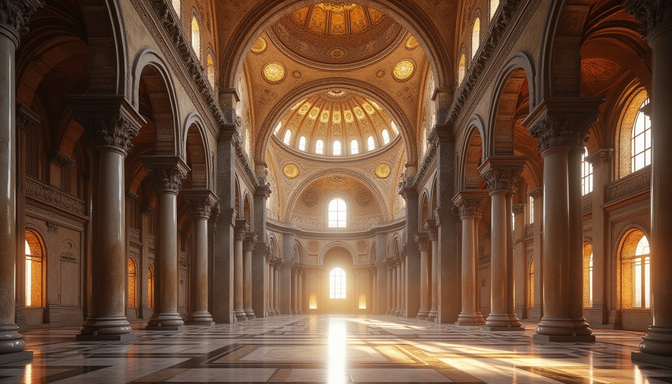 Prompt: Majestic Byzantine architecture, ornate arches, vaulted ceilings, intricately carved stone decorations, golden mosaics, grandiose domes, symmetrical fa\u00e7ades, imposing columns, marble floors, luminous stained-glass windows, subtle warm lighting, shallow depth of field, 1/1 composition, realistic textures, ambient occlusion.