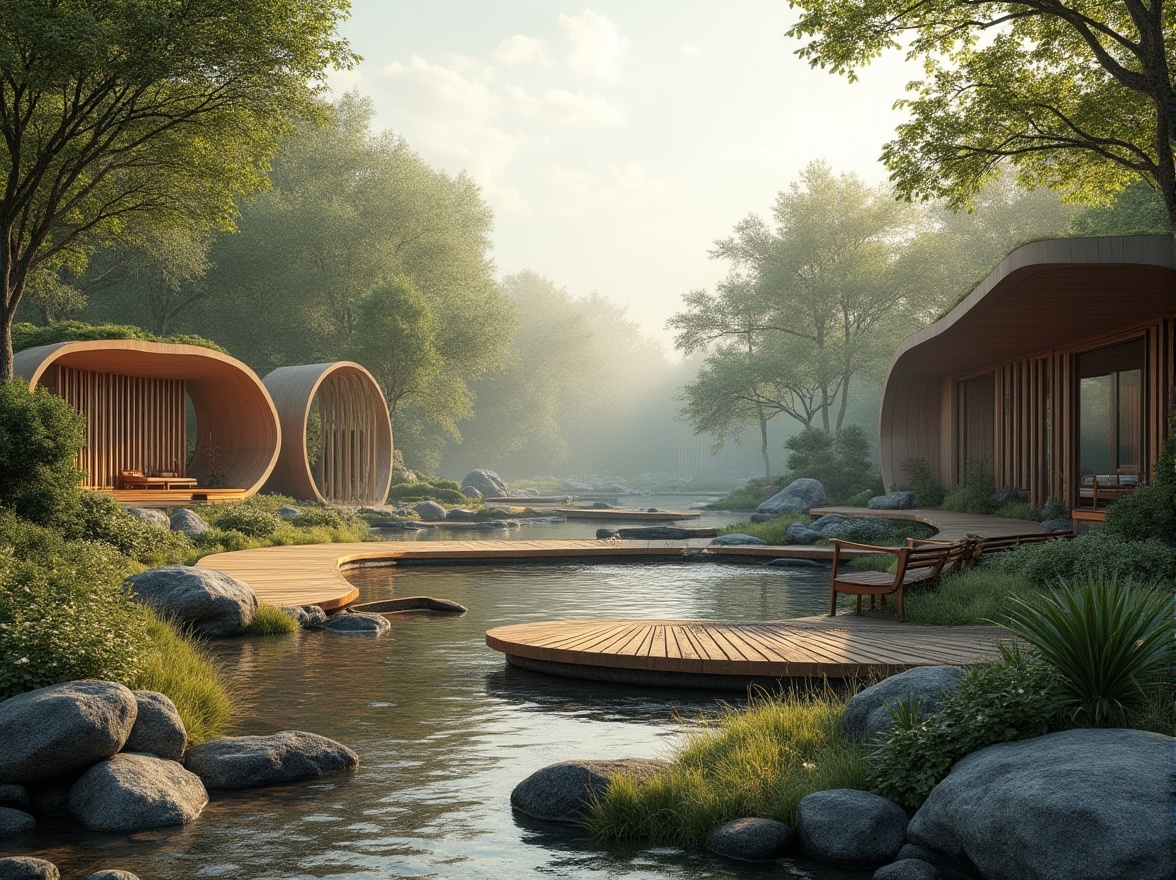 Prompt: Seamless landscape integration, organic curves, native vegetation, natural stone walls, wooden decks, earthy tones, blending boundaries, serene atmosphere, soft diffused lighting, misty mornings, lush canopies, meandering paths, rustic benches, wildlife habitats, eco-friendly materials, sustainable design, minimal visual impact, panoramic views, 3/4 composition, realistic textures, ambient occlusion.