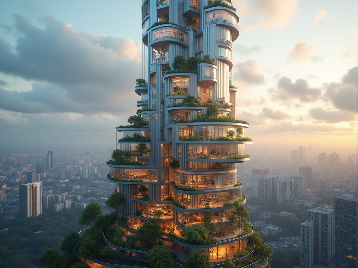 Prompt: Eco-friendly skyscraper, fusion architecture, metallic facade, solar panels, wind turbines, green roofs, vertical gardens, living walls, rainwater harvesting systems, grey water reuse, low-carbon footprint, natural ventilation, daylight optimization, high-performance glazing, energy-efficient systems, sustainable building materials, minimalist interior design, reclaimed wood accents, floor-to-ceiling windows, panoramic city views, dramatic cloudscape, warm atmospheric lighting, shallow depth of field, 2/3 composition, symmetrical balance, realistic textures, ambient occlusion.