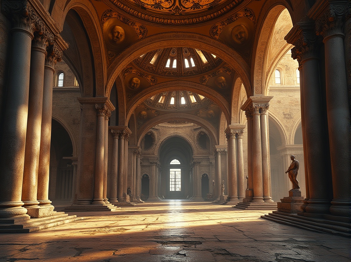 Prompt: Majestic Byzantine church, grand arches, ornate columns, golden mosaics, intricate stone carvings, vaulted ceilings, domed roofs, ornamental capitals, rustic stone walls, weathered copper roofing, dramatic lighting, low-angle composition, warm atmospheric perspective, rich textures, subtle ambient occlusion.