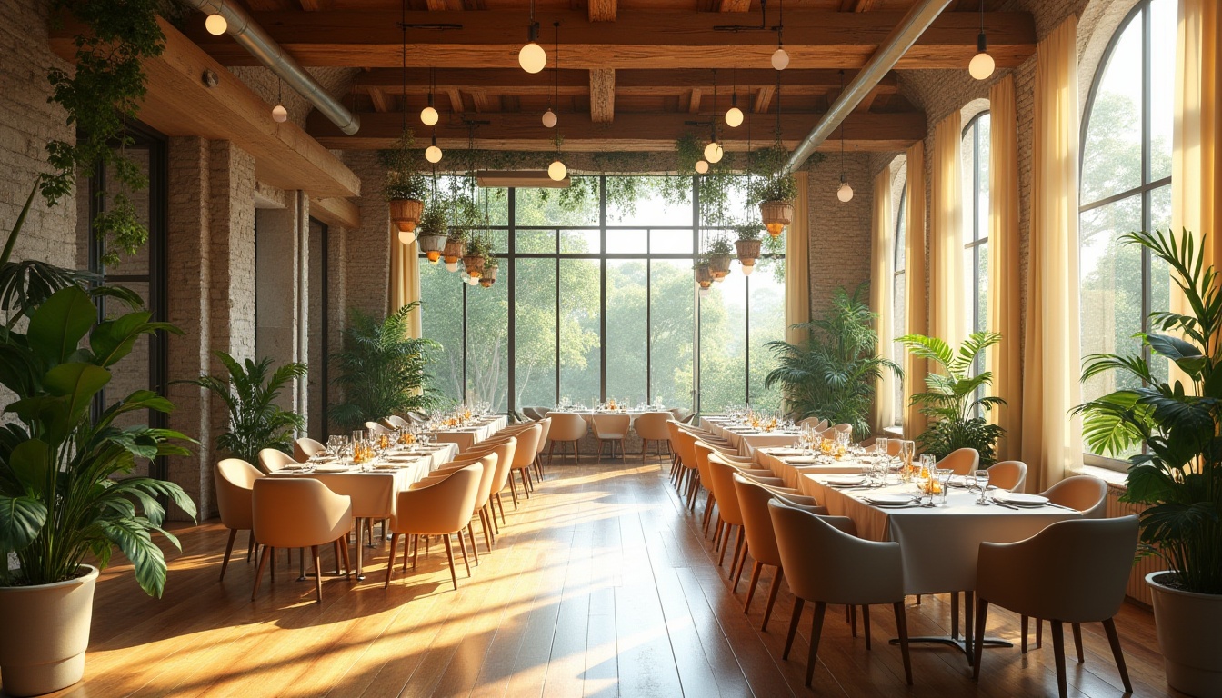 Prompt: Spacious dining hall, high ceilings, large windows, natural stone walls, wooden floors, modern minimalist design, abundant greenery, lush plants, hanging planters, soft warm lighting, shallow depth of field, 3/4 composition, panoramic view, realistic textures, ambient occlusion, morning sunlight, gentle shadows, cozy atmosphere, elegant chandeliers, cream-colored curtains, beige furniture, earthy tone color palette.