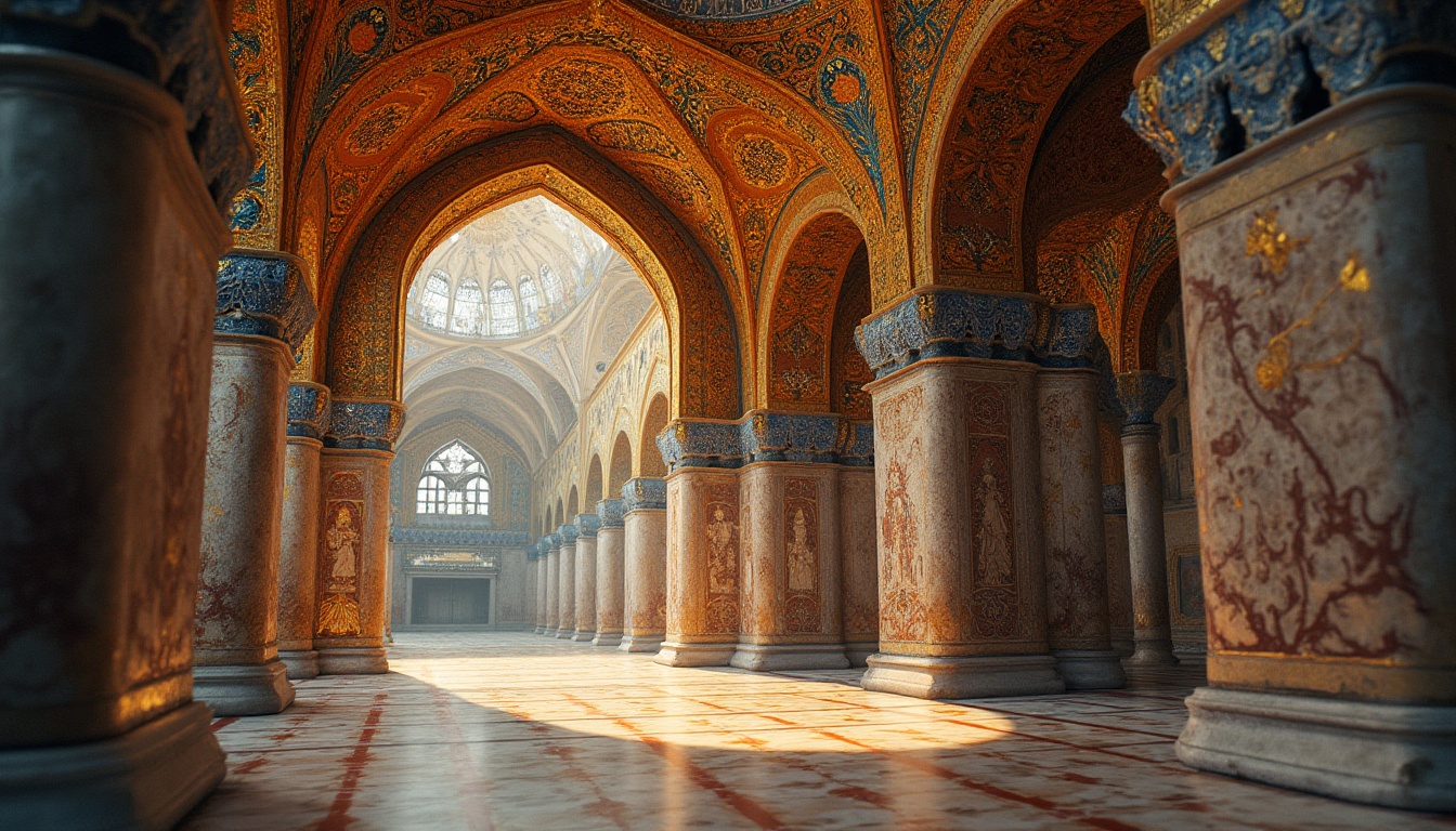 Prompt: Intricate mosaics, golden tesserae, vibrant colors, ornate patterns, Byzantine architecture, ornamental domes, grand cathedrals, marble floors, intricate arches, vaulted ceilings, rich textures, luxurious fabrics, opulent decorations, warm ambient lighting, shallow depth of field, 1/2 composition, detailed close-ups, realistic reflections, subtle color grading.