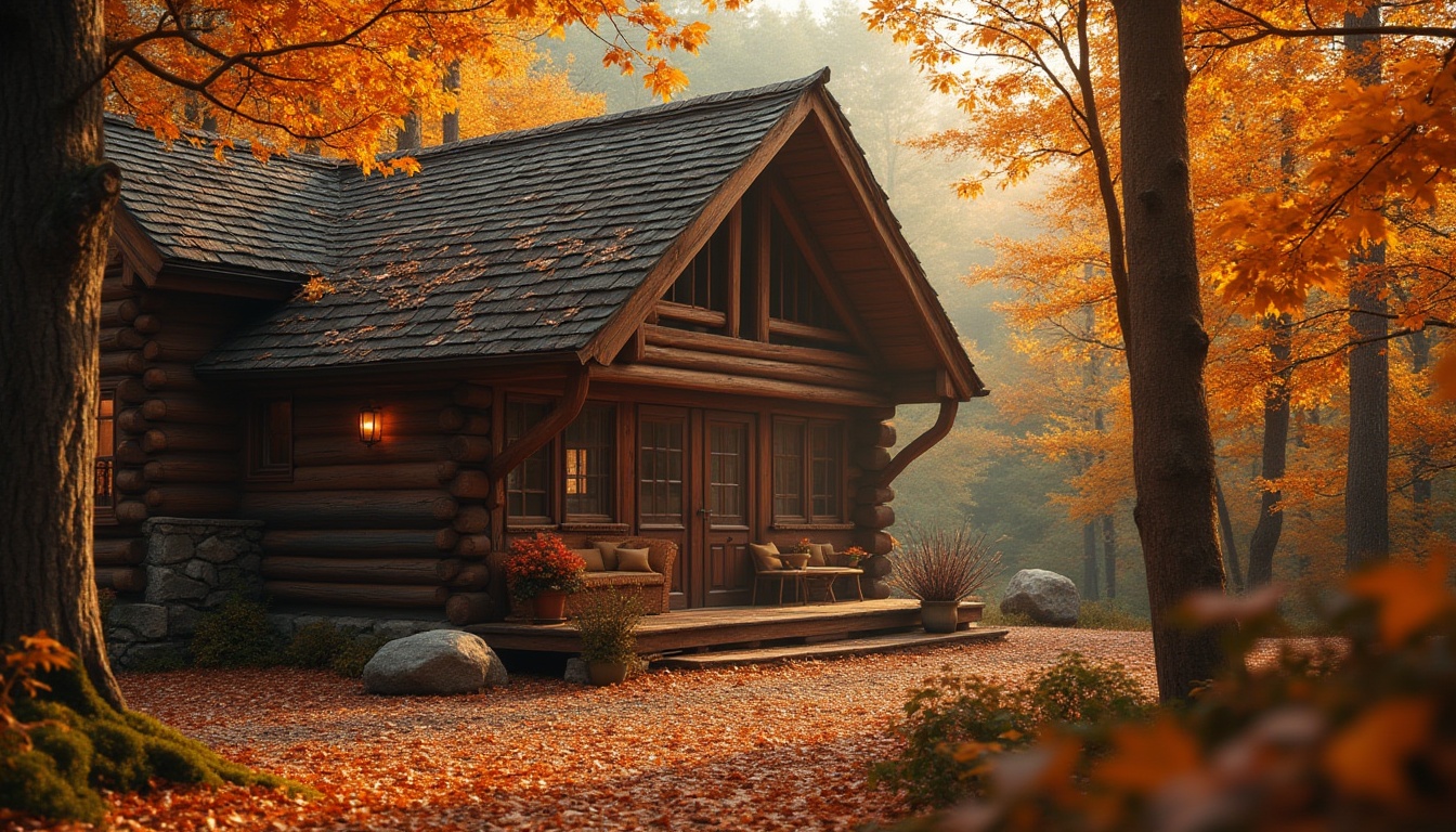 Prompt: Vibrant persimmon hues, warm golden lighting, rich earthy tones, rustic wooden textures, natural stone walls, cozy cabin-style architecture, autumnal forest surroundings, misty morning atmosphere, soft focus blur, shallow depth of field, 2/3 composition, cinematic color grading, realistic material reflections.