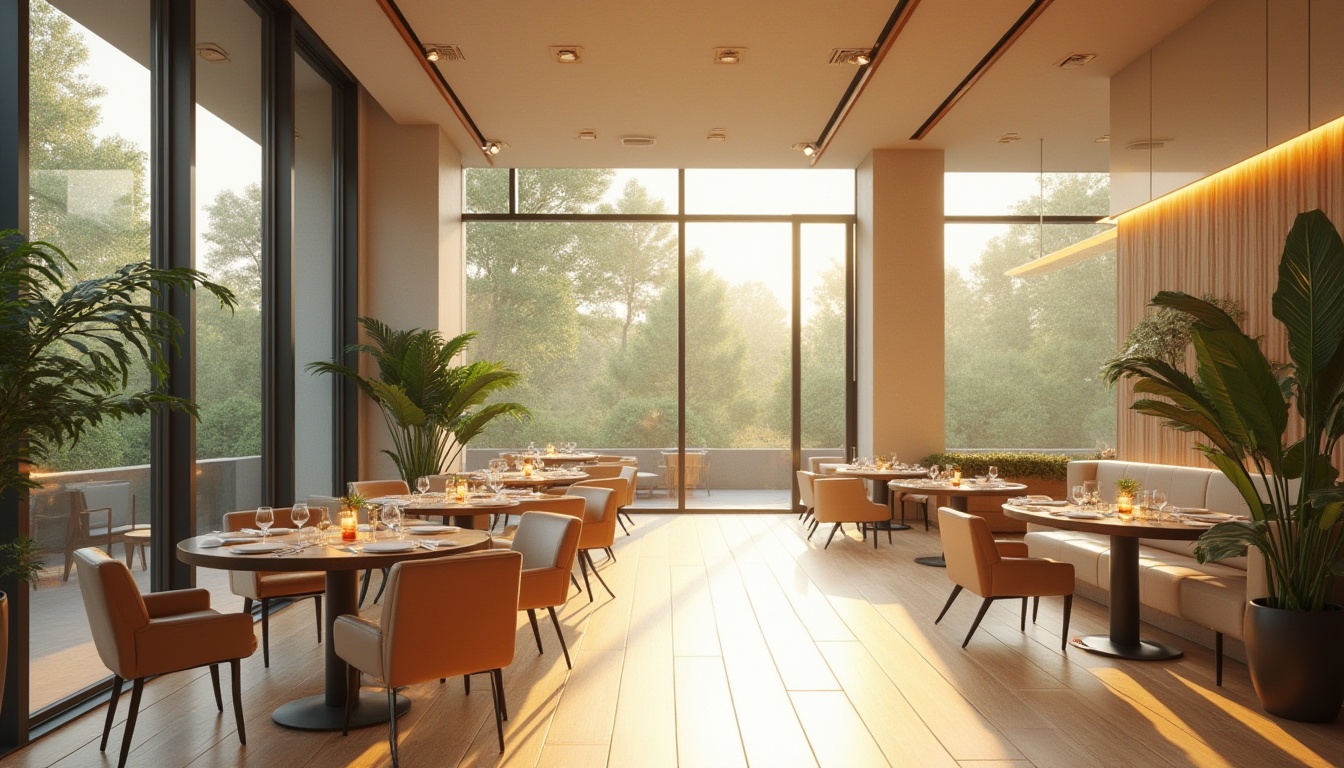 Prompt: Spacious dining hall, floor-to-ceiling windows, sliding glass doors, minimal obstruction, bright natural light, warm beige tones, polished wooden floors, sleek modern furniture, circular tables, comfortable seating, potted greenery, lush plants, soft diffused lighting, shallow depth of field, 1/1 composition, panoramic view, realistic textures, ambient occlusion.