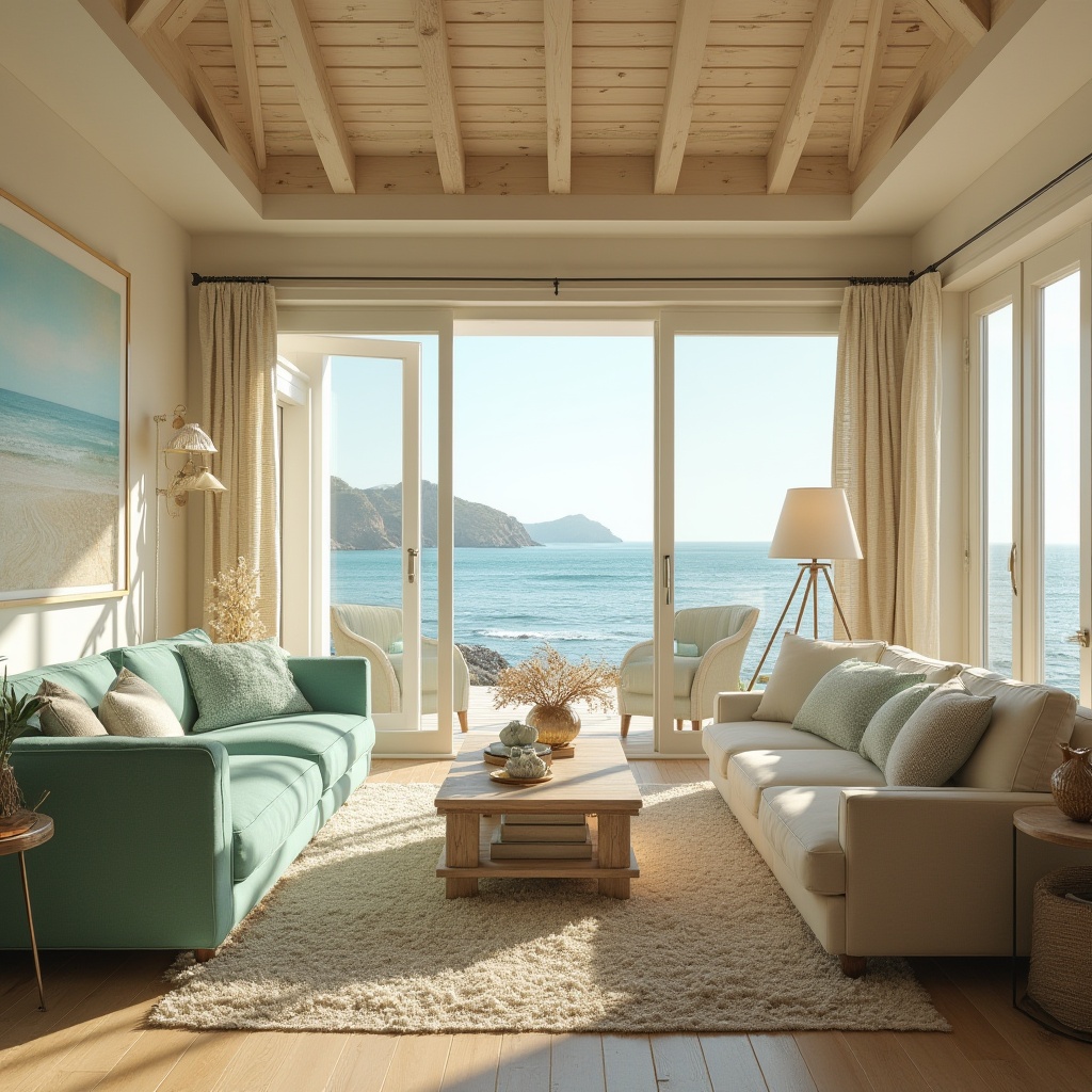 Prompt: Calming coastal living room, soft sandy beige walls, driftwood accents, plush seafoam green sofas, natural fiber rugs, nautical-themed decor, shell-adorned vases, ocean-inspired artwork, floor-to-ceiling windows, sliding glass doors, expansive ocean views, warm sunny day, soft diffused lighting, shallow depth of field, 3/4 composition, panoramic view, realistic textures, ambient occlusion.