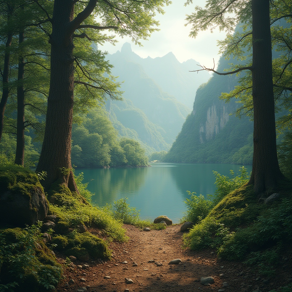 Prompt: Earthy tones, serene forest, misty mountains, lush greenery, rustic wood accents, natural stone textures, earthy brown soil, sky blue waters, soft warm lighting, atmospheric perspective, 1/2 composition, harmonious color balance, organic shapes, botanical patterns, realistic foliage, ambient occlusion.