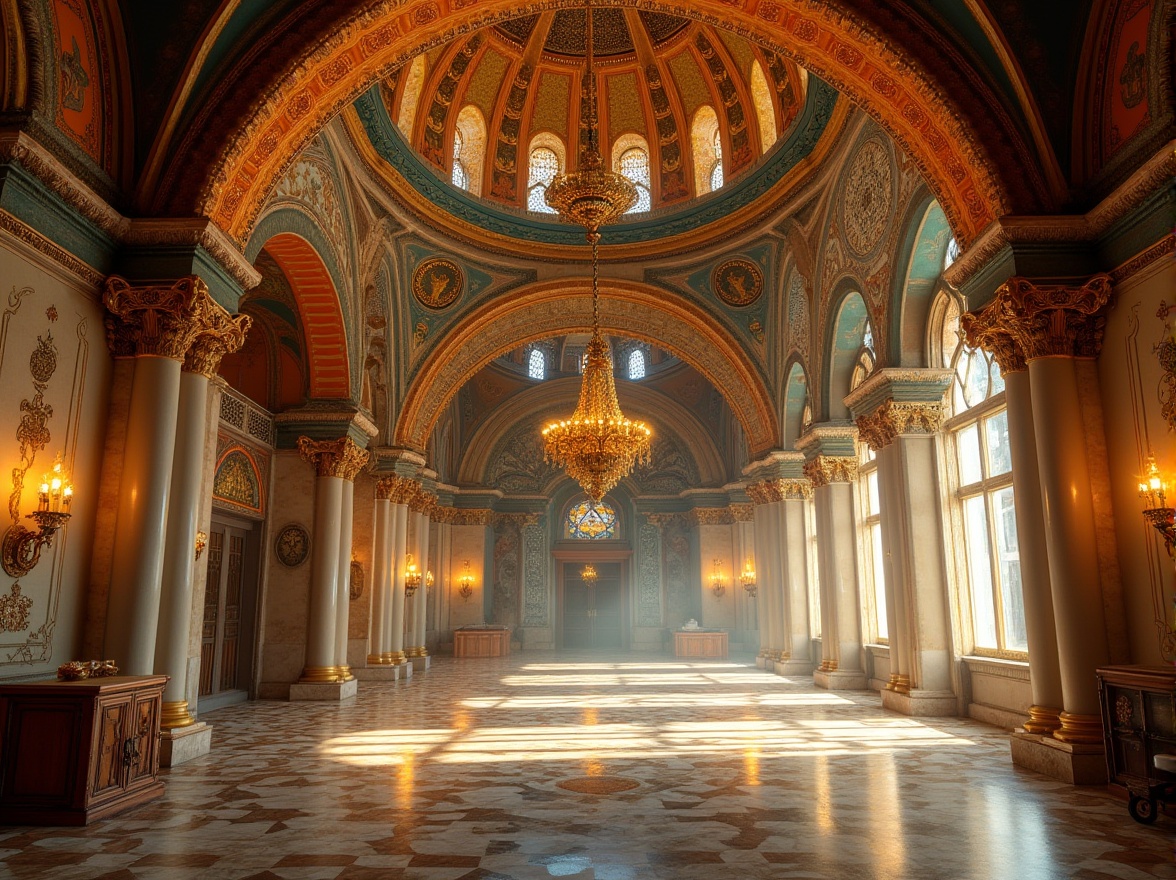 Prompt: Byzantine-inspired architecture, ornate golden domes, intricate mosaics, rich turquoise accents, warm terracotta hues, creamy marble columns, ornamental arches, lavish jewel-toned frescoes, gilded ceilings, grandiose chandeliers, sacred symbolic motifs, luxurious velvet fabrics, antique bronze fixtures, mystical ambiance, dramatic chiaroscuro lighting, 1/2 composition, low-angle perspective, detailed textures, subtle atmospheric effects.