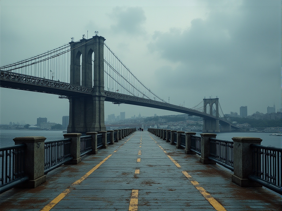 Prompt: Rugged steel bridges, weathered stone piers, durable concrete decks, high-strength cable systems, corrosion-resistant coatings, robust suspension designs, sturdy support towers, reinforced composite materials, textured walkways, safety railings, urban cityscape backgrounds, overcast skies, dramatic lighting effects, cinematic composition, atmospheric perspective, detailed 3D models.