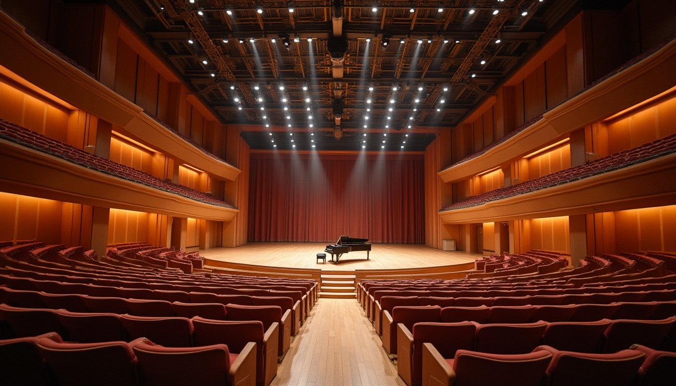 Prompt: Grand concert hall, ornate balconies, velvet curtains, polished wooden floors, acoustic panels, soundproofing materials, minimalist decor, angular lines, geometric shapes, industrial metal beams, exposed ductwork, dramatic lighting design, spotlights, warm color tones, intimate seating areas, tiered seating, orchestra pit, grand piano, professional audio equipment, state-of-the-art technology, 3/4 composition, shallow depth of field, high-contrast lighting, realistic textures, ambient occlusion.