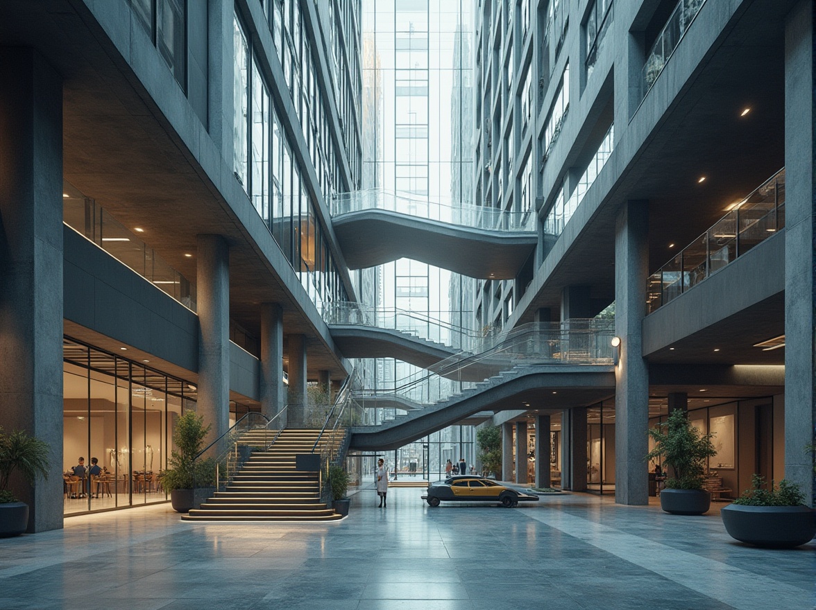 Prompt: Modern urban skyscraper, sleek glass facades, steel beams, cantilevered floors, minimalist interiors, industrial chic decor, exposed ductwork, polished concrete walls, geometric column patterns, functional staircases, airy atriums, natural light pouring in, 1/1 composition, low-angle shot, dramatic shadows, realistic reflections.