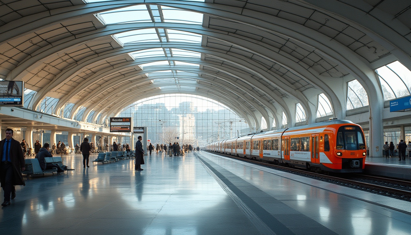 Prompt: Futuristic train station, dynamic curved lines, LED light installations, translucent glass facades, stainless steel frames, cantilevered roofs, spacious waiting areas, modern signage systems, electronic ticketing machines, comfortable seating areas, natural stone flooring, urban cityscape, busy pedestrian traffic, sunny day, soft warm lighting, shallow depth of field, 3/4 composition, panoramic view, realistic textures, ambient occlusion.