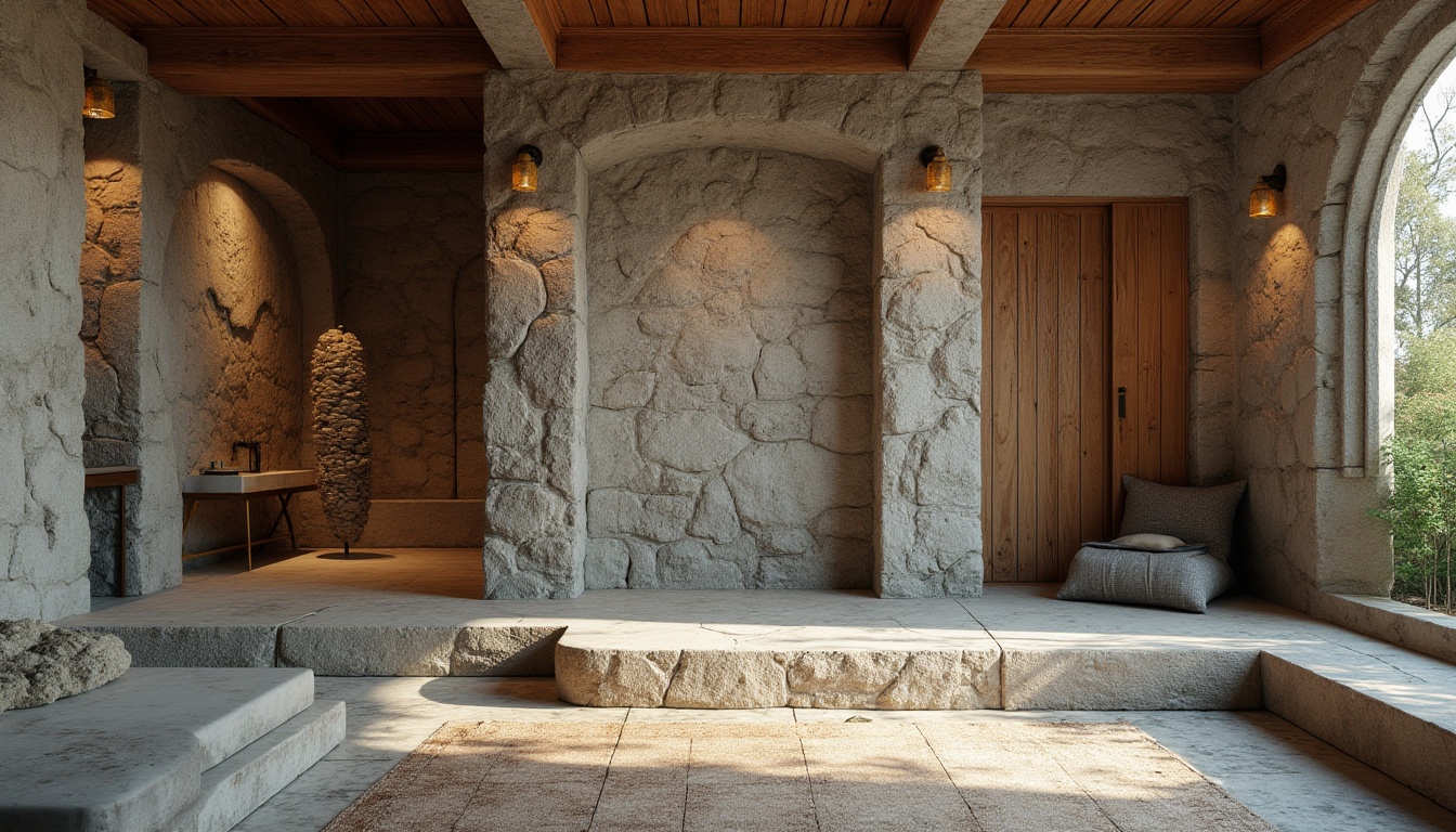 Prompt: Rustic stone walls, weathered wooden planks, rough concrete floors, metallic mesh panels, ornate ceramic tiles, smooth glass surfaces, translucent acrylic sheets, intricate stucco patterns, natural rock formations, earthy tones, warm ambient lighting, soft focus, shallow depth of field, 1/1 composition, realistic textures, ambient occlusion.