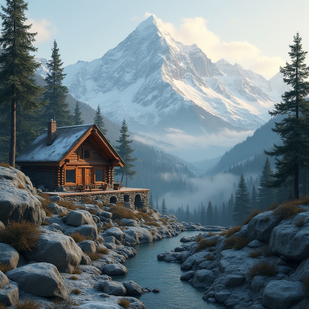 Prompt: Snow-capped mountain peaks, rugged terrain, pine tree forests, misty valleys, rustic stone walls, wooden cabins, earthy tones, rich browns, deep greens, icy blues, warm beige, natural textures, irregular shapes, organic forms, cozy interior spaces, crackling fireplaces, comfortable furnishings, soft warm lighting, atmospheric fog, 1/2 composition, realistic materials, detailed normal maps.