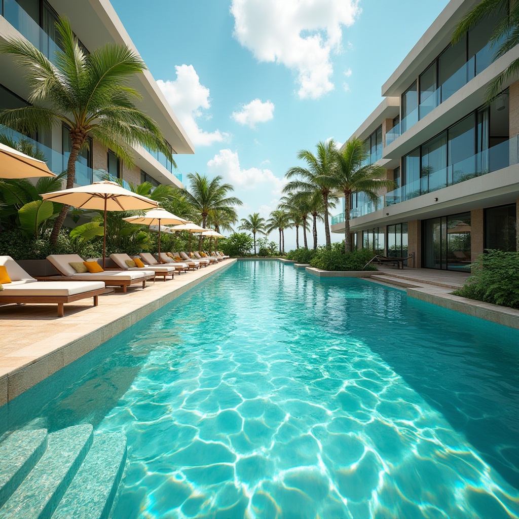 Prompt: Vibrant turquoise pool water, sleek modern architecture, tropical palm trees, sun-kissed deck chairs, refreshing misting systems, warm beige stone coping, crystal-clear glass tile, iridescent mosaic accents, shimmering LED lighting, 1/2 composition, soft focus effect, natural ambient occlusion.