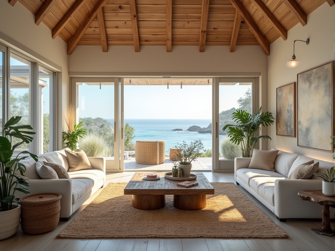 Prompt: Serene coastal atmosphere, driftwood accents, natural textures, beachy color palette, comfortable sectional sofas, woven sea grass rugs, reclaimed wood coffee tables, nautical decorative elements, potted tropical plants, floor-to-ceiling windows, sliding glass doors, ocean views, soft warm lighting, shallow depth of field, 3/4 composition, panoramic view, realistic reflections, ambient occlusion.