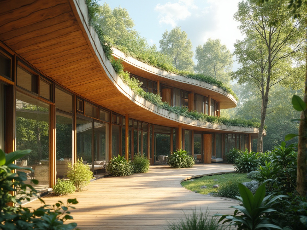 Prompt: Eco-friendly building, reclaimed wood accents, low-carbon footprint, green roofs, living walls, solar panels, wind turbines, rainwater harvesting systems, natural ventilation, large windows, clerestory windows, skylights, bamboo flooring, recycled glass surfaces, FSC-certified wood, earthy color palette, organic shapes, curved lines, minimalist design, maximized daylight, soft diffused lighting, 1/2 composition, shallow depth of field, realistic textures, ambient occlusion.