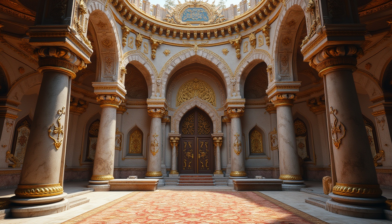 Prompt: Intricate stone carvings, ornate marble columns, gilded domes, vibrant mosaic patterns, grand archways, elaborate frescoes, richly textured fabrics, majestic entrance doors, intricate metalwork, golden accents, mystical ambiance, soft warm lighting, shallow depth of field, 1/1 composition, realistic textures, ambient occlusion.