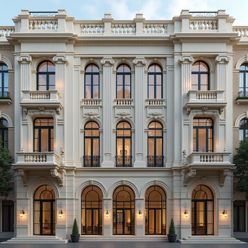 Prompt: Elegant building facade, symmetrical composition, ornate details, classical architectural elements, grand entranceways, sweeping arches, columns, pilasters, intricate moldings, subtle color palette, neutral tones, creamy whites, soft grays, natural stone cladding, brick patterns, glass accents, metallic frames, refined textures, ambient lighting, dramatic shading, 1/1 composition, high-contrast ratio, detailed renderings.