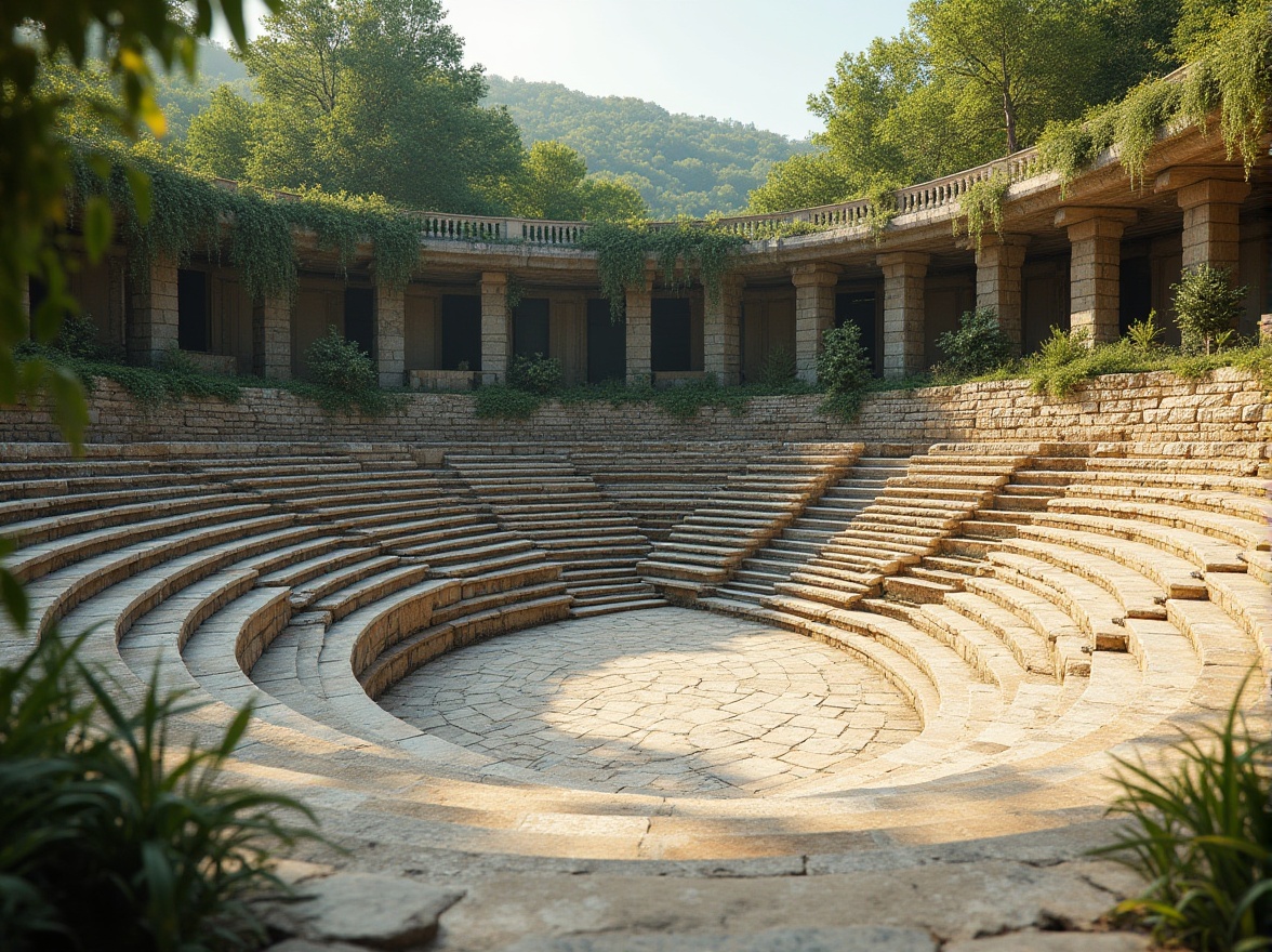 Prompt: Natural stone amphitheater, tiered seating, lush green surroundings, acoustic panels, sound-absorbing materials, reinforced concrete structures, curved lines, open-air performance space, warm sunny day, soft natural lighting, shallow depth of field, 3/4 composition, panoramic view, realistic textures, ambient occlusion.