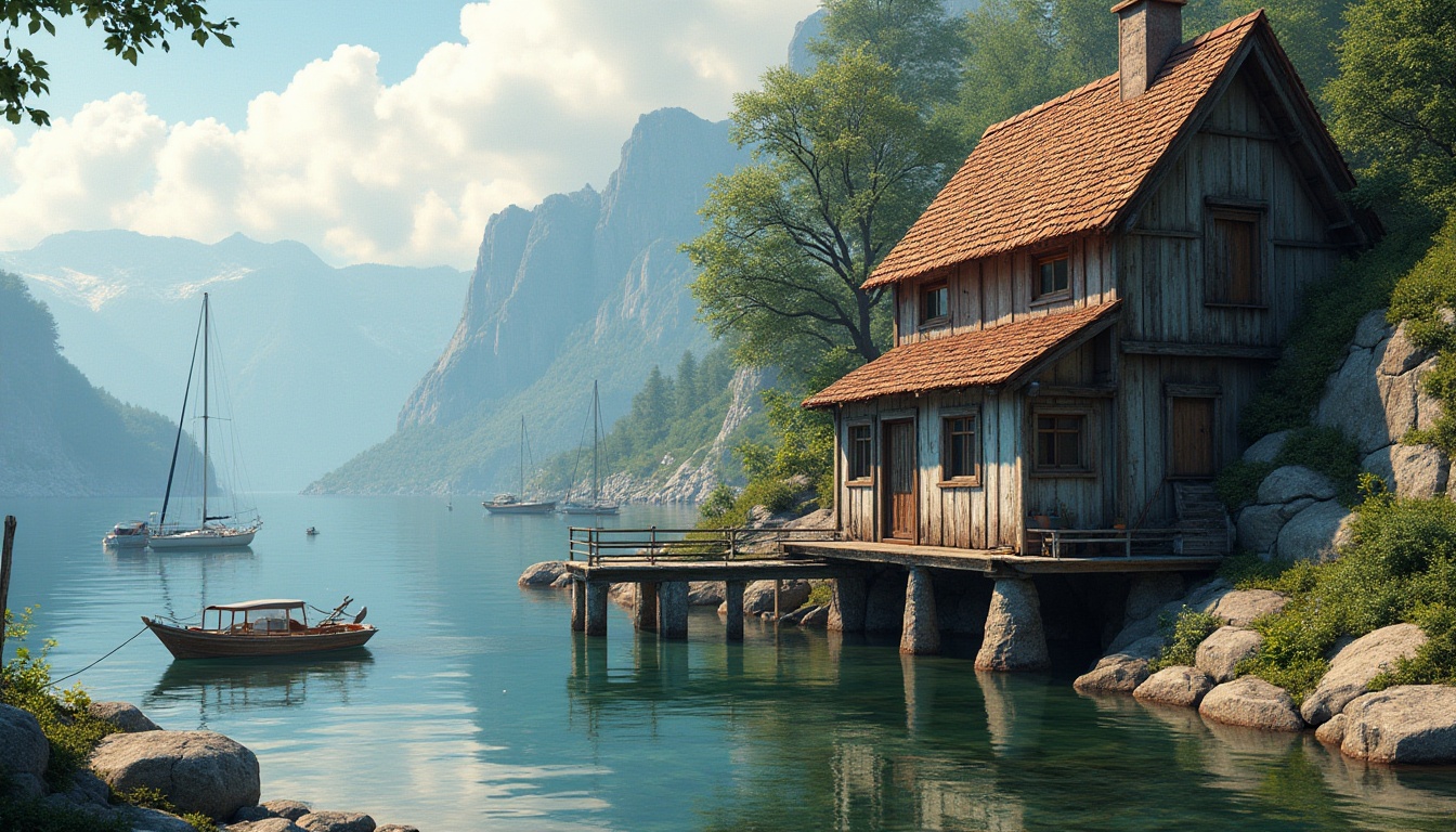 Prompt: Rustic boathouse, weathered wood tones, earthy brown colors, soft blue accents, calming lake views, serene water reflections, natural stone foundations, wooden dock pilings, sailboat moorings, lush greenery surroundings, warm sunny days, soft warm lighting, shallow depth of field, 3/4 composition, panoramic view, realistic textures, ambient occlusion.