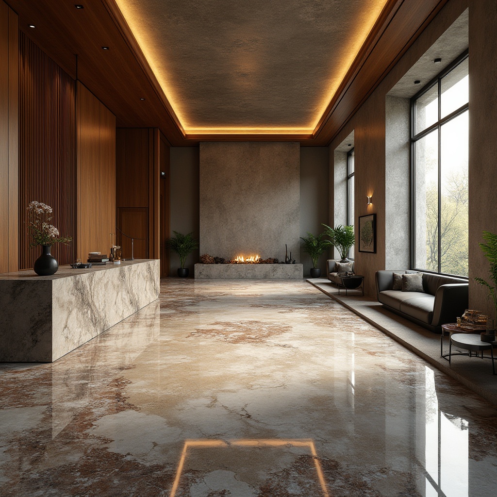 Prompt: Luxurious marble floors, rich wooden accents, sleek metal surfaces, rough stone walls, smooth glass facades, vibrant ceramic tiles, natural fiber carpets, industrial concrete structures, intricate mosaic patterns, warm ambient lighting, shallow depth of field, realistic reflections, 3/4 composition, panoramic view.