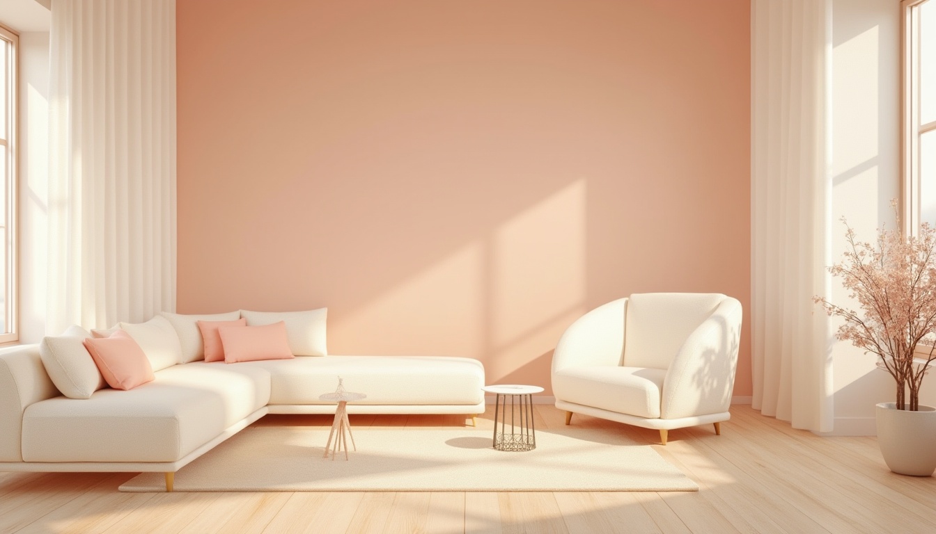 Prompt: Pastel-hued modern interior, soft peach walls, creamy white furniture, blush pink accents, warm beige floors, natural wood tones, minimalist decor, elegant simplicity, abundant natural light, airy atmosphere, 1/1 composition, shallow depth of field, gentle warm lighting.