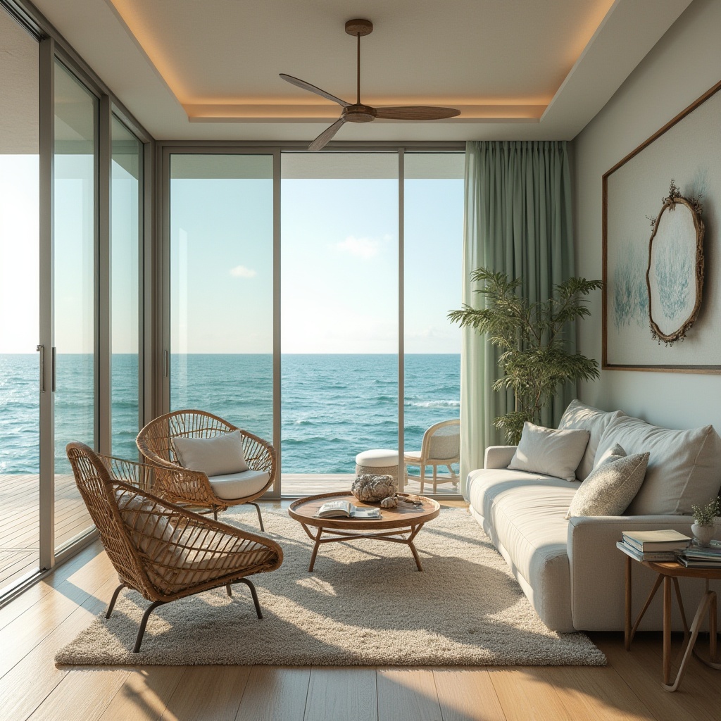 Prompt: Serene ocean views, driftwood accents, soft blue-green color palette, natural textures, woven rattan furniture, coastal-themed artwork, nautical decorative elements, plush area rugs, floor-to-ceiling windows, sliding glass doors, minimalist decor, calming ambiance, warm beige tones, shell-inspired accessories, organic shapes, beachy vibes, cozy reading nooks, ambient lighting, shallow depth of field, 2/3 composition, soft focus, realistic rendering.