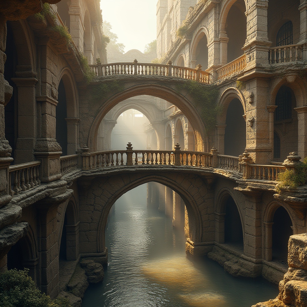 Prompt: Ancient stone bridges, ornate arches, majestic columns, intricate carvings, grandiose piers, rustic stonework, weathered wooden railings, elegant balustrades, sweeping curves, symmetrical composition, warm golden lighting, misty atmosphere, shallow depth of field, 1/2 composition, dramatic shadows, realistic textures, ambient occlusion.