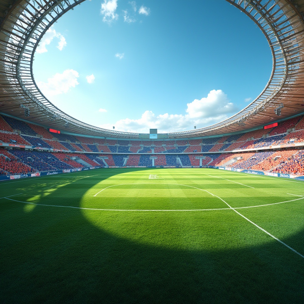 Prompt: Vibrant sports stadium, lush green grass, dynamic color blocking, bold team logos, energetic crowd atmosphere, modern architectural design, curved lines, futuristic lighting systems, LED scoreboards, sleek metal structures, polished concrete floors, bright blue skies, warm sunny days, shallow depth of field, 3/4 composition, panoramic views, realistic textures, ambient occlusion.