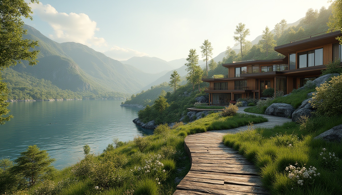 Prompt: Rolling hills, serene lakeside, lush greenery, walking trails, wooden decks, modern architecture, cantilevered roofs, floor-to-ceiling windows, sliding glass doors, natural stone walls, rustic wood accents, vibrant flowers, blooming trees, soft warm lighting, shallow depth of field, 3/4 composition, panoramic view, realistic textures, ambient occlusion.