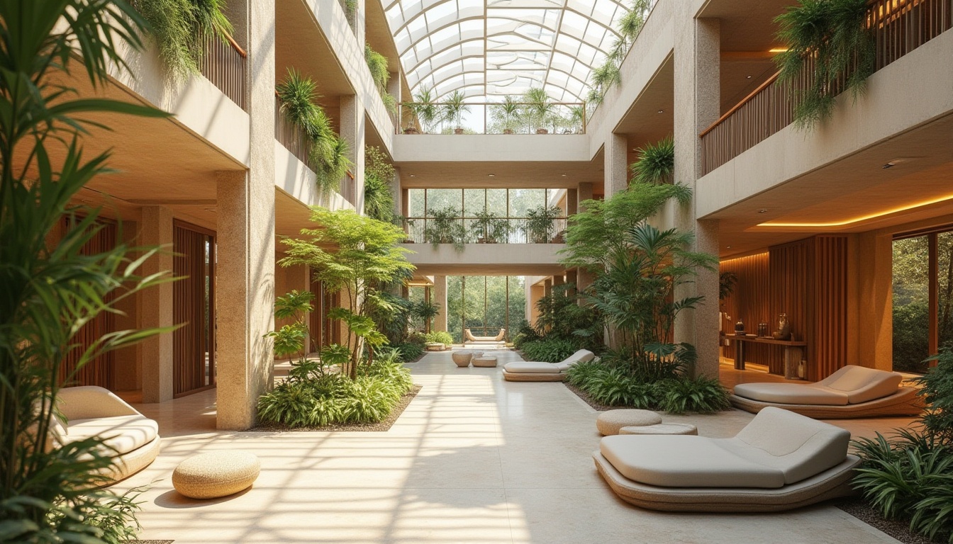 Prompt: Bright atrium, lush greenery, natural stone walls, wooden accents, warm daylight, soft diffused lighting, clerestory windows, skylights, open floor plan, minimalist decor, cozy nooks, comfortable seating areas, warm beige tones, earthy color palette, organic textures, ambient occlusion, shallow depth of field, 3/4 composition, panoramic view.