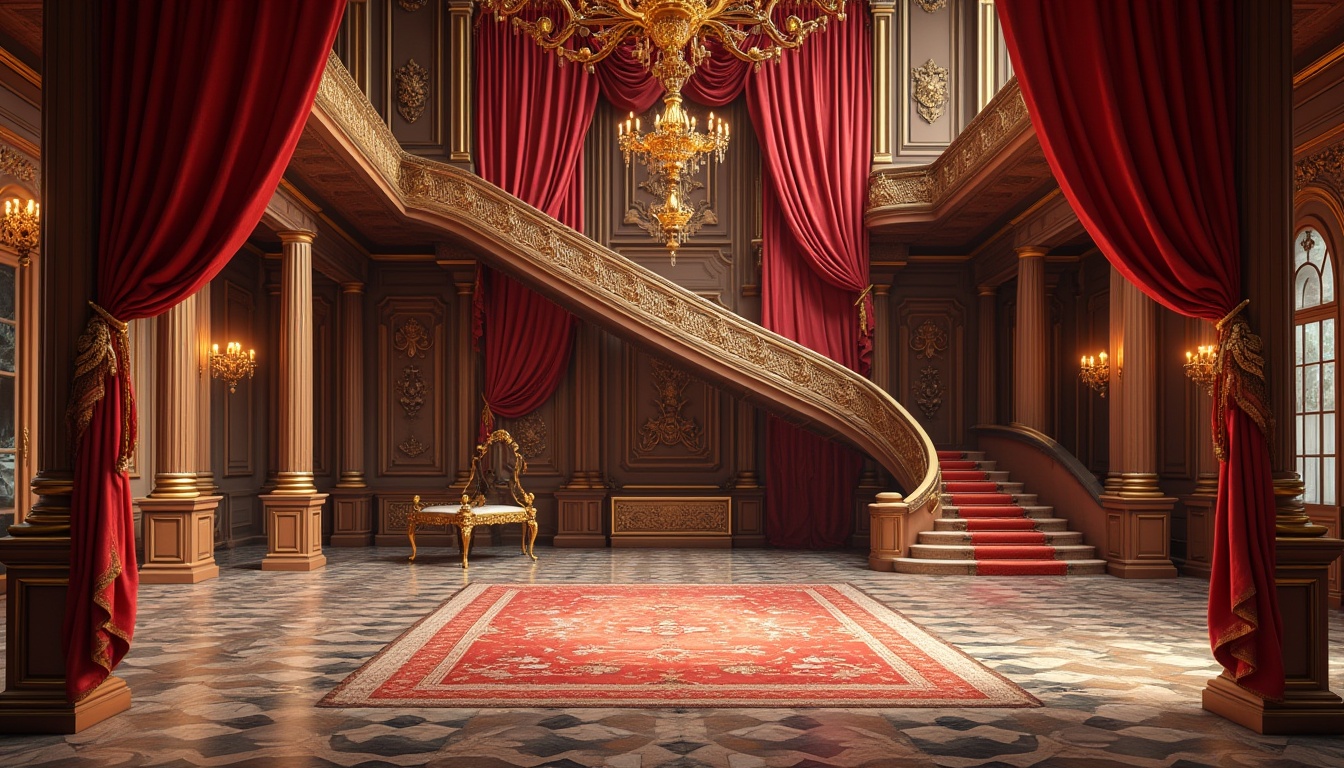 Prompt: Luxurious velvet drapes, intricate gold embroidery, ornate wooden paneling, majestic chandeliers, grandiose staircases, opulent marble floors, richly patterned rugs, lavish furnishings, majestic architectural columns, dramatic archways, sweeping curves, ornate gilded details, soft warm lighting, shallow depth of field, 3/4 composition, panoramic view, realistic textures, ambient occlusion.